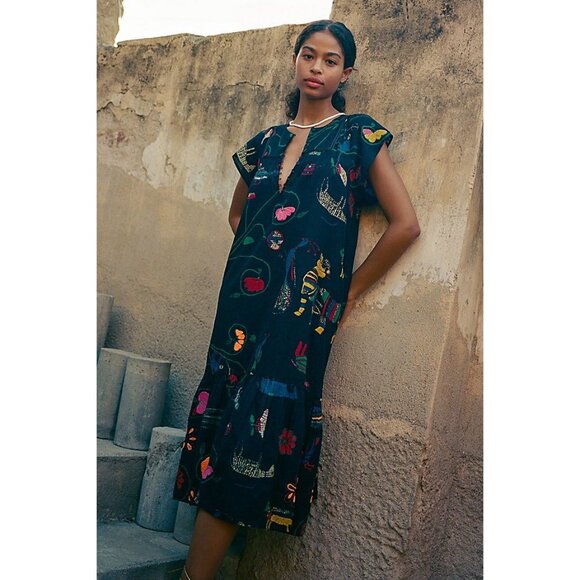 Urban Outfitters Willow Frock Midi Dress Boho Graphic Print Size XS Women's - Picture 1 of 6